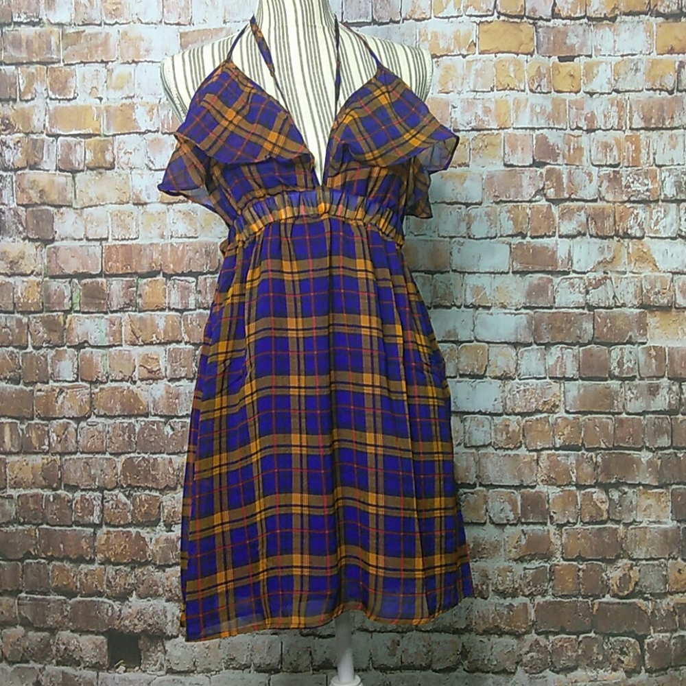 nameless: Blue & Orange plaid halter dress NWT Sm.